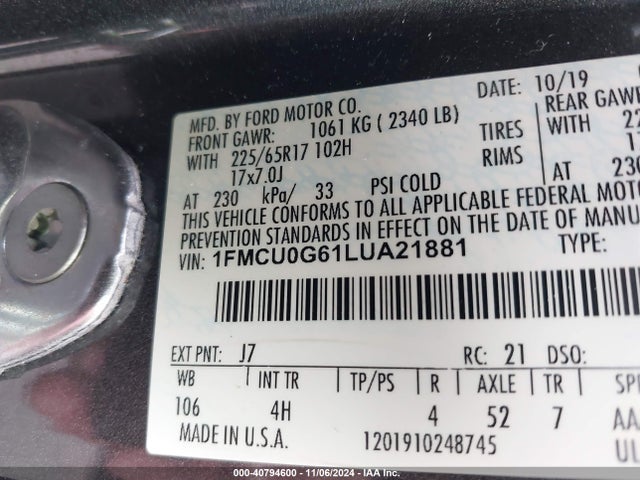 Ford ESCAPE SE 2020 1FMCU0G61LUA21881 Image 9