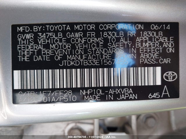 JTDKDTB33E1567455 Toyota Prius C Two