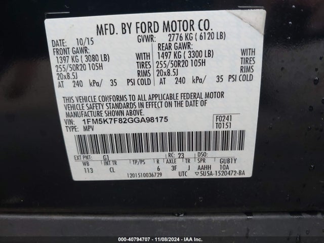Ford Explorer Limited 2016 1FM5K7F82GGA98175 Image 9