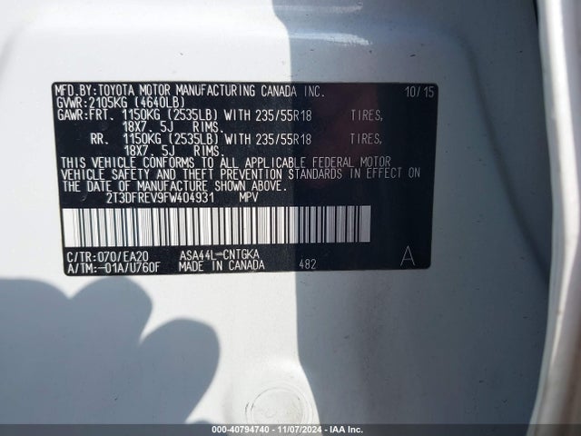 Toyota Rav4 Limited 2015 2T3DFREV9FW404931 Image 9