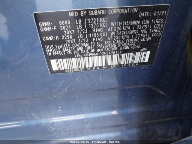4S4WMAHD2M3436134 Subaru Ascent Premium