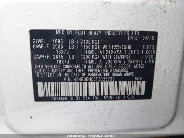 Subaru Outback 2.5i Limited 2015 4S4BSBNC0F3325798 Image 9