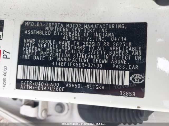 4T4BF1FK5ER402409 Toyota CAMRY XLE