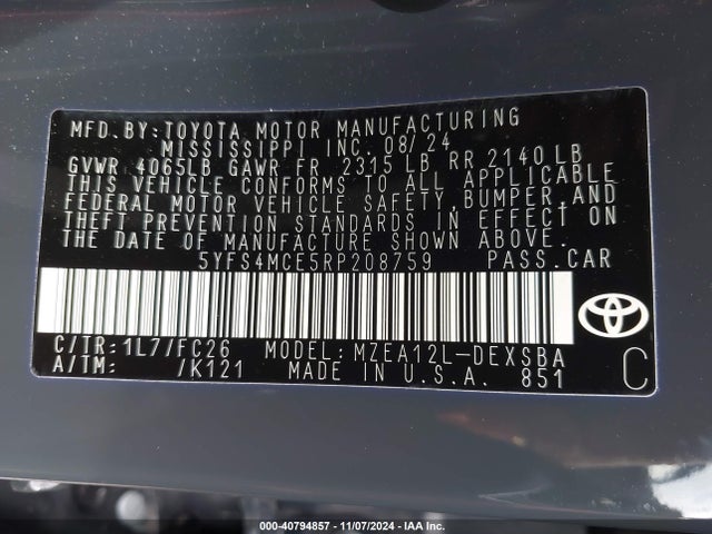 Toyota COROLLA SE 2024 5YFS4MCE5RP208759 Image 9