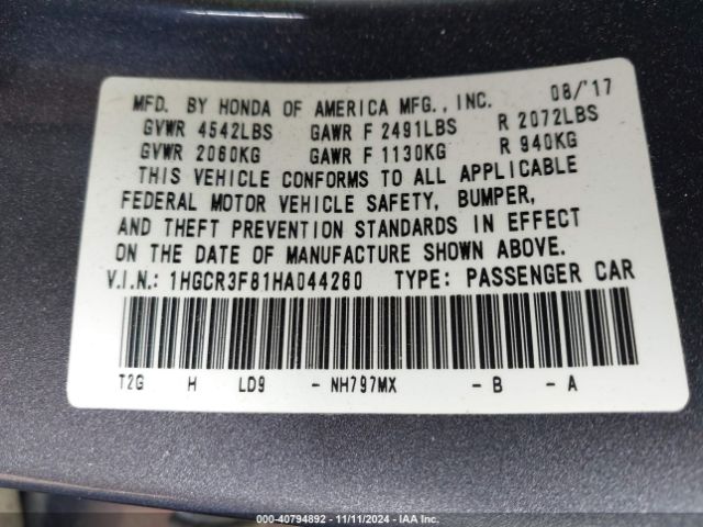 1HGCR3F81HA044260 Honda Accord Ex-l V6