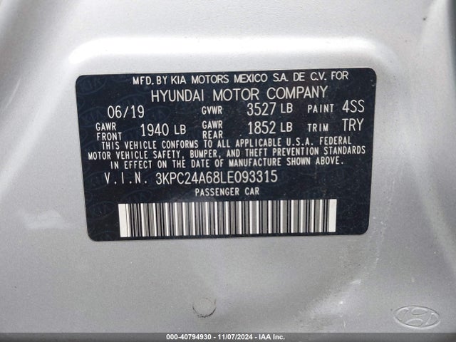 Hyundai ACCENT SE 2020 3KPC24A68LE093315 Image 9