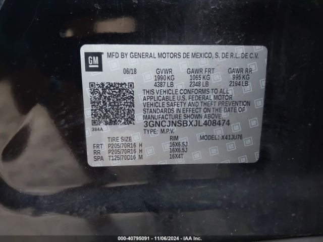 3GNCJNSBXJL408474 Chevrolet TRAX LS
