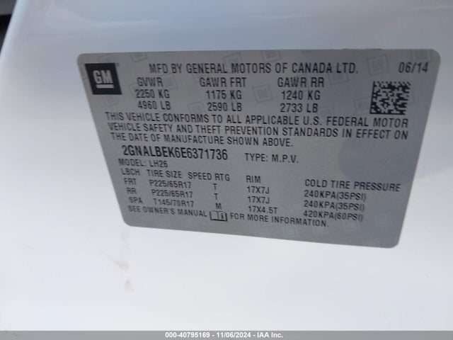 Chevrolet EQUINOX 1LT 2014 2GNALBEK6E6371736 Image 9