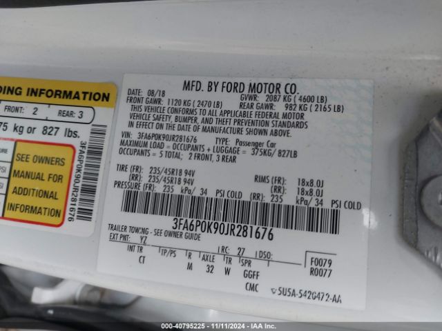 3FA6P0K90JR281676 Ford Fusion Titanium