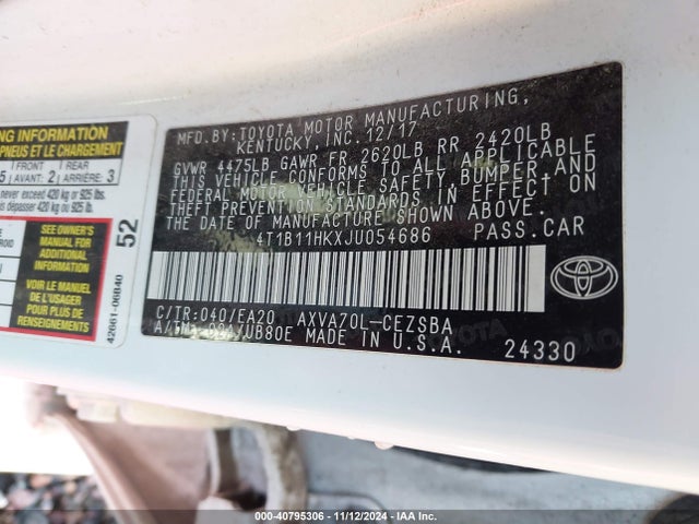 Toyota CAMRY SE 2018 4T1B11HKXJU054686 Image 9
