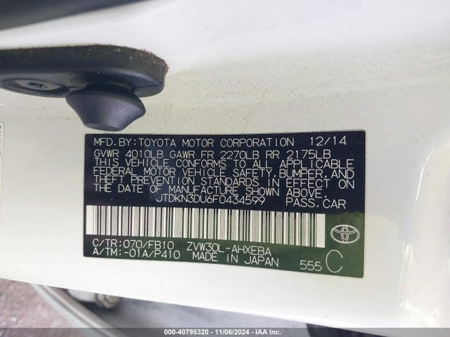 Toyota Prius Two 2015 JTDKN3DU6F0434599 Image 9