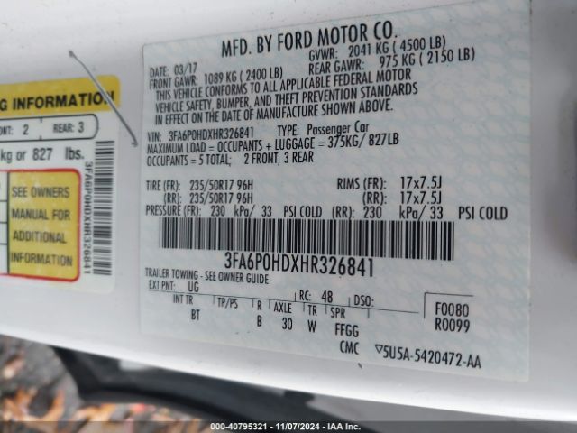3FA6P0HDXHR326841 Ford FUSION SE