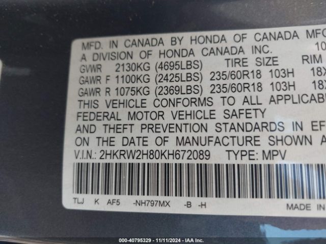 2HKRW2H80KH672089 Honda Cr-v Ex-l
