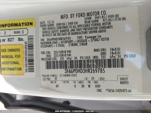 Ford FUSION SE 2017 3FA6P0HD3HR269785 Image 9