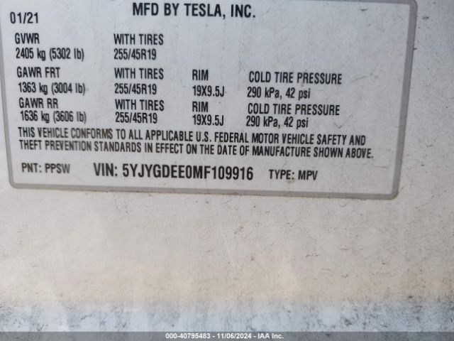 5YJYGDEE0MF109916 Tesla Model Y Long Range Dual Motor All-wheel Drive
