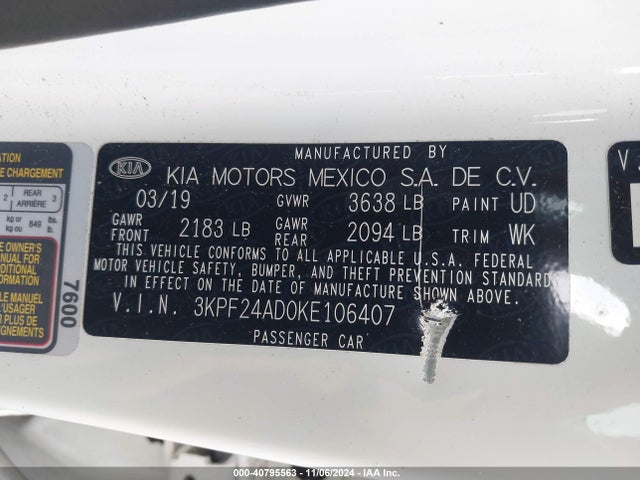 3KPF24AD0KE106407 KIA FORTE FE