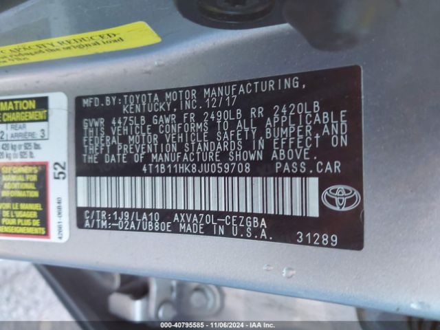 4T1B11HK8JU059708 Toyota CAMRY XLE