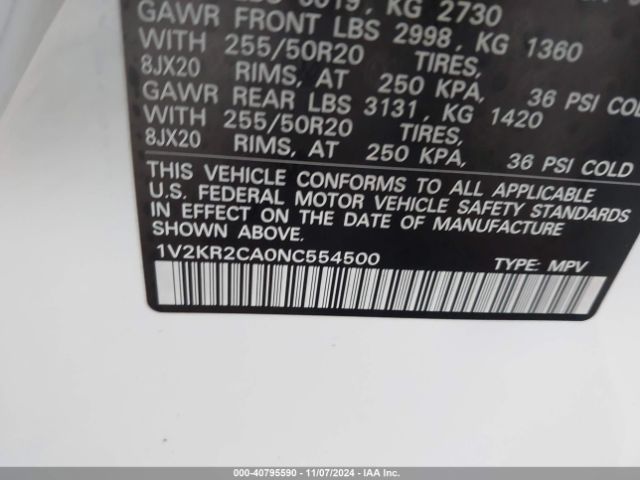 1V2KR2CA0NC554500 Volkswagen Atlas 3.6l V6 Se W/technology