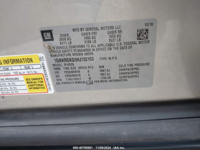 1GNKRGKD3HJ192163 Chevrolet Traverse 1lt