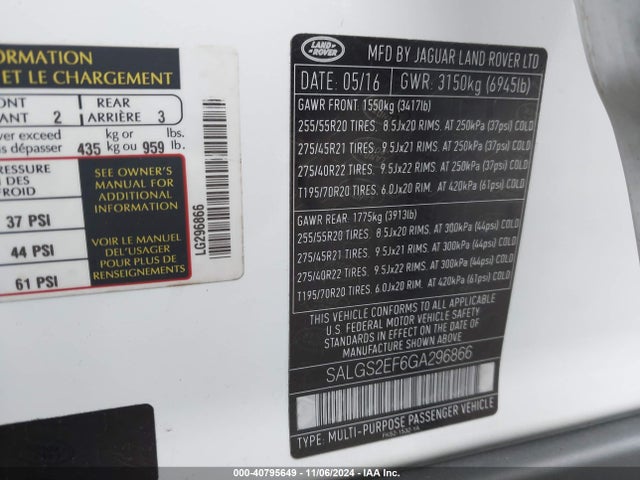 SALGS2EF6GA296866 Land Rover Range Rover 5.0l V8 Supercharged