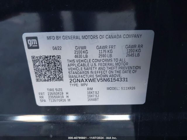 2GNAXWEV5N6154331 Chevrolet Equinox Awd Rs