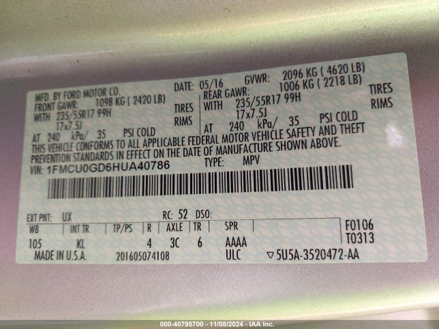 1FMCU0GD6HUA40786 Ford ESCAPE SE