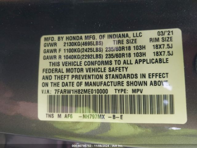 7FARW1H82ME010000 Honda Cr-v 2wd Ex-l