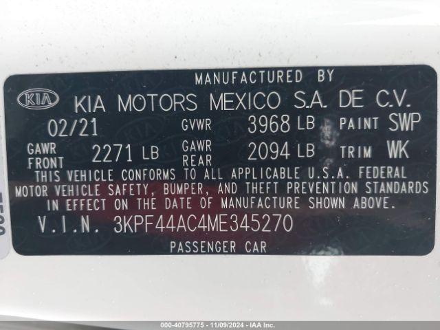 3KPF44AC4ME345270 KIA FORTE GT