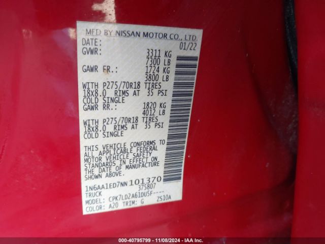 1N6AA1ED7NN101370 Nissan Titan Pro-4x 4x4
