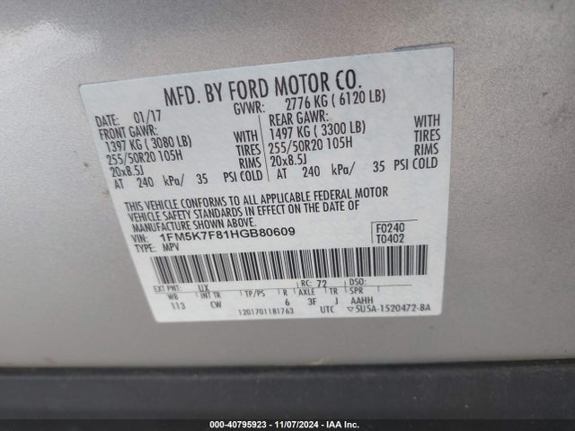 1FM5K7F81HGB80609 Ford Explorer Limited