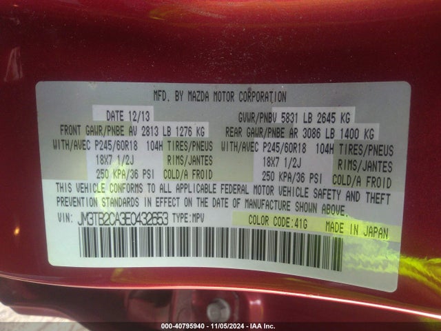 Mazda Cx-9 Touring 2014 JM3TB2CA3E0432653 Image 9