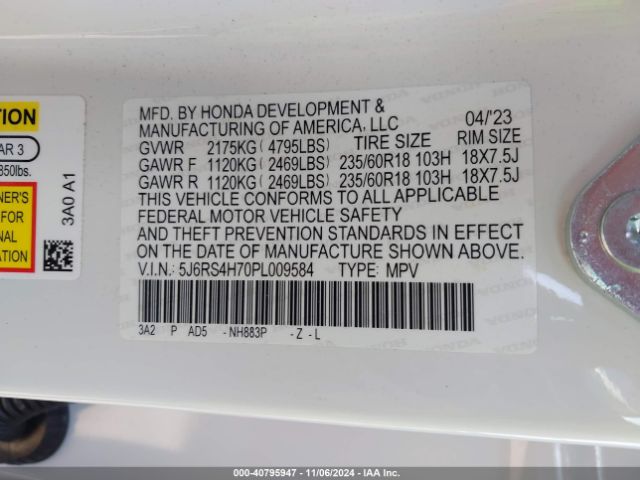 5J6RS4H70PL009584 Honda Cr-v Ex-l Awd