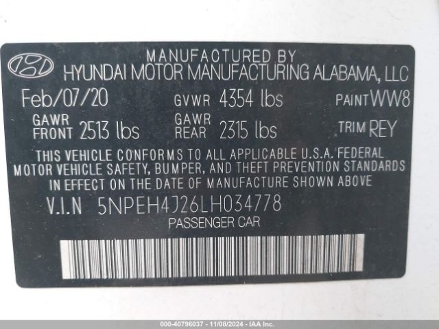 5NPEH4J26LH034778 Hyundai Sonata Limited