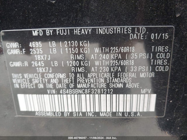 Subaru Outback 2.5i Limited 2015 4S4BSBNC8F3281212 Image 9