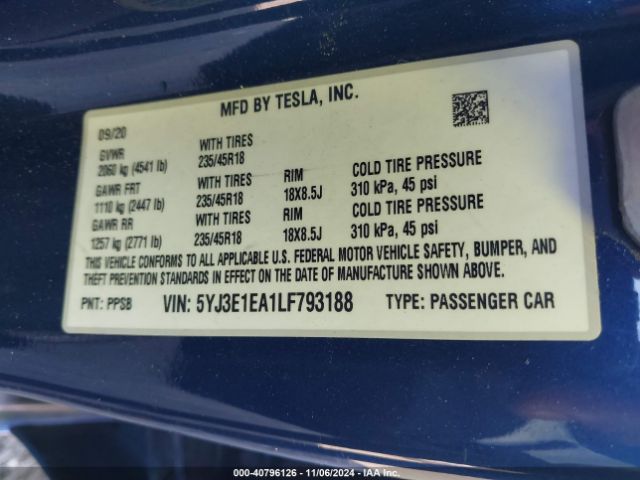 5YJ3E1EA1LF793188 Tesla Model 3 Standard Range Plus Rear-wheel Drive/standard Range Rear-wheel Drive