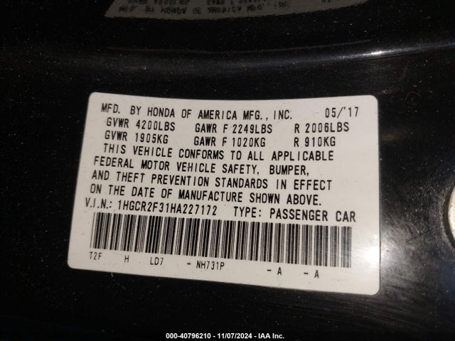 1HGCR2F31HA227172 Honda ACCORD LX