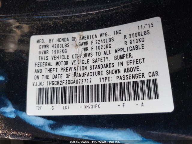 Honda ACCORD LX 2016 1HGCR2F3XGA072717 Image 9