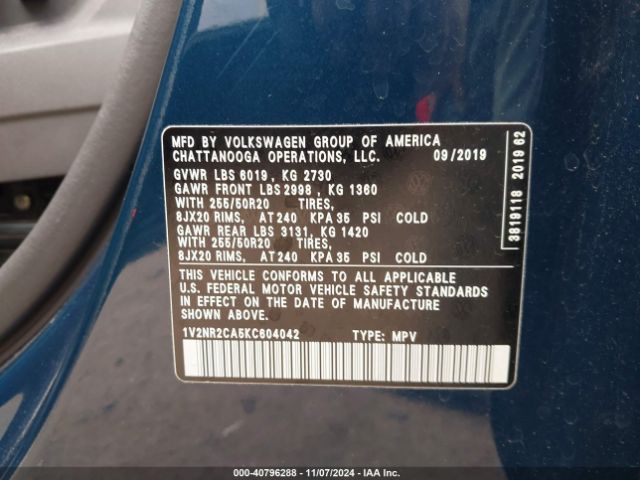 1V2NR2CA5KC604042 Volkswagen Atlas 3.6l V6 Sel Premium