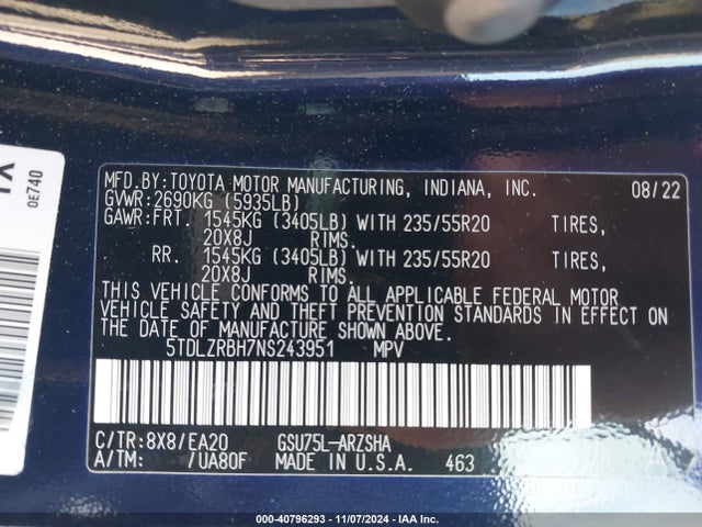 Toyota Highlander Xse 2022 5TDLZRBH7NS243951 Image 9