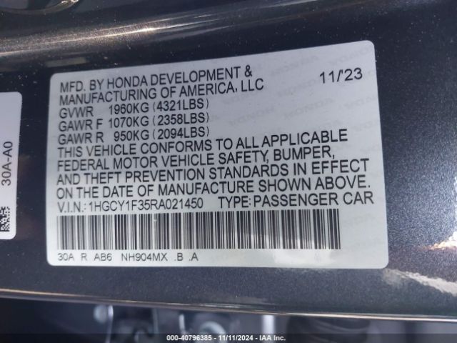 1HGCY1F35RA021450 Honda ACCORD EX
