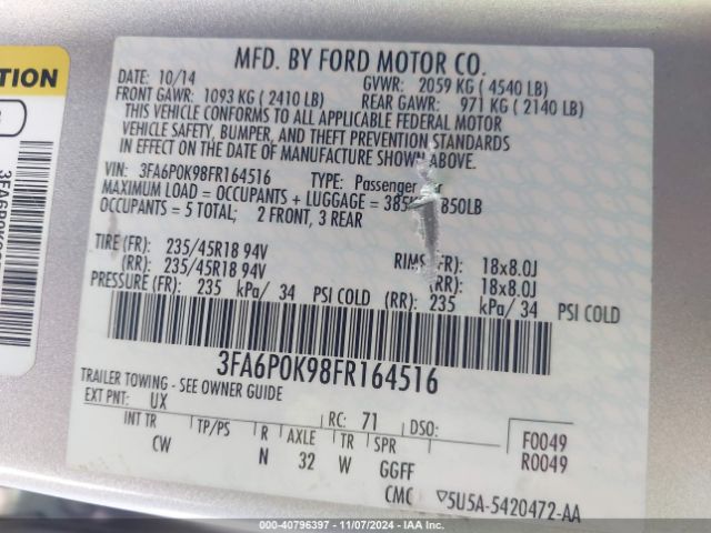 3FA6P0K98FR164516 Ford Fusion Titanium