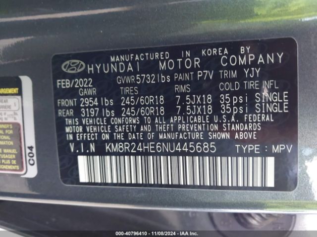 KM8R24HE6NU445685 Hyundai Palisade Sel