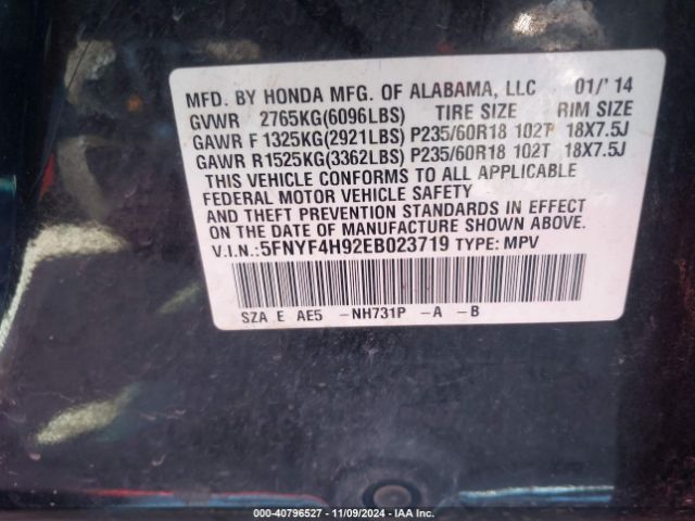 5FNYF4H92EB023719 Honda Pilot Touring