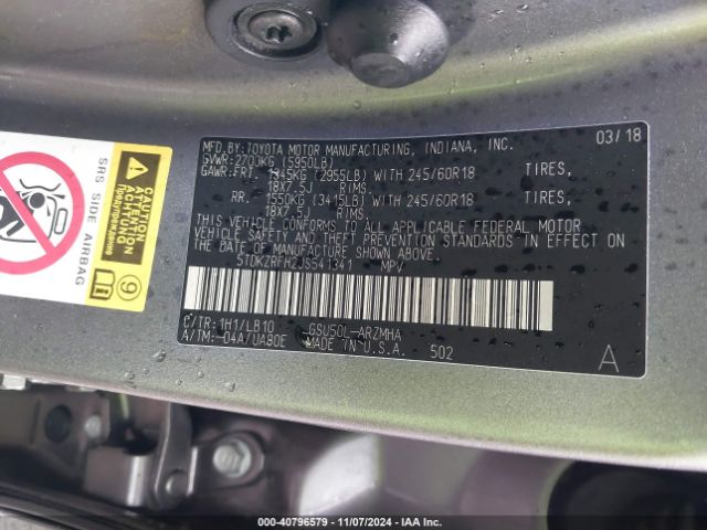 5TDKZRFH2JS541341 Toyota Highlander Xle