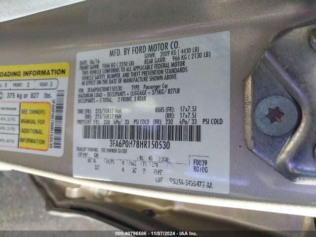 Ford FUSION SE 2017 3FA6P0H78HR150530 Image 9