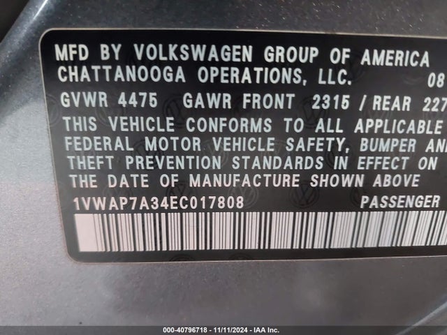 1VWAP7A34EC017808 Volkswagen Passat 2.5l Wolfsburg Edition