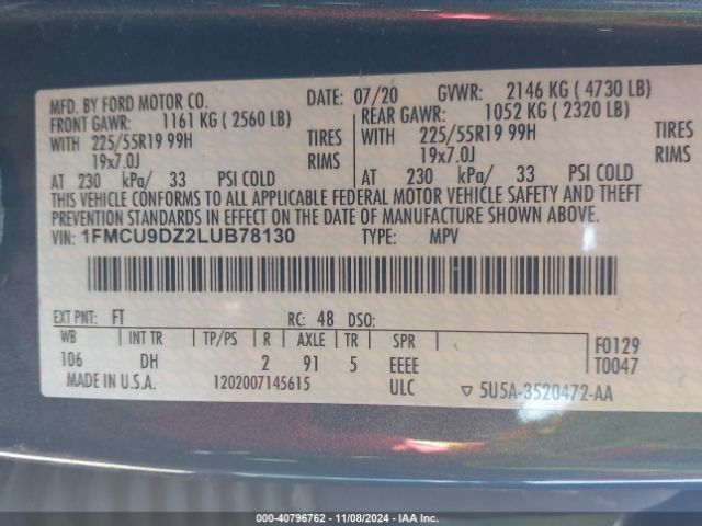 1FMCU9DZ2LUB78130 Ford Escape Titanium Hybrid