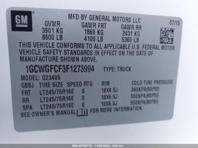 1GCWGFCF3F1273994 Chevrolet Express 2500 Work Van