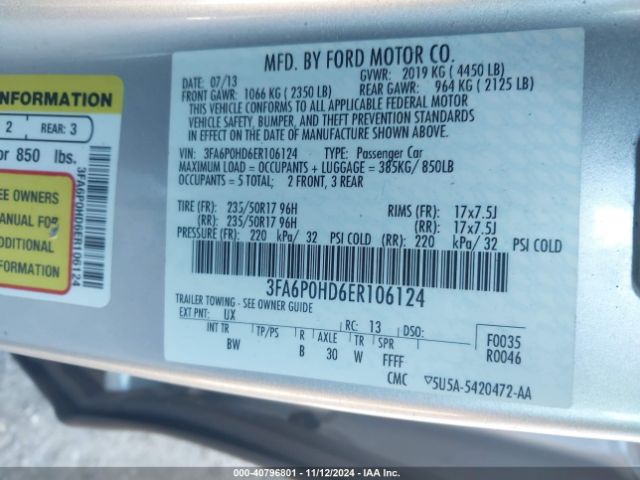 3FA6P0HD6ER106124 Ford FUSION SE