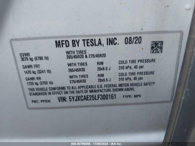 2020 TESLA MODEL X 5YJXCAE25LF300161 Photo 8